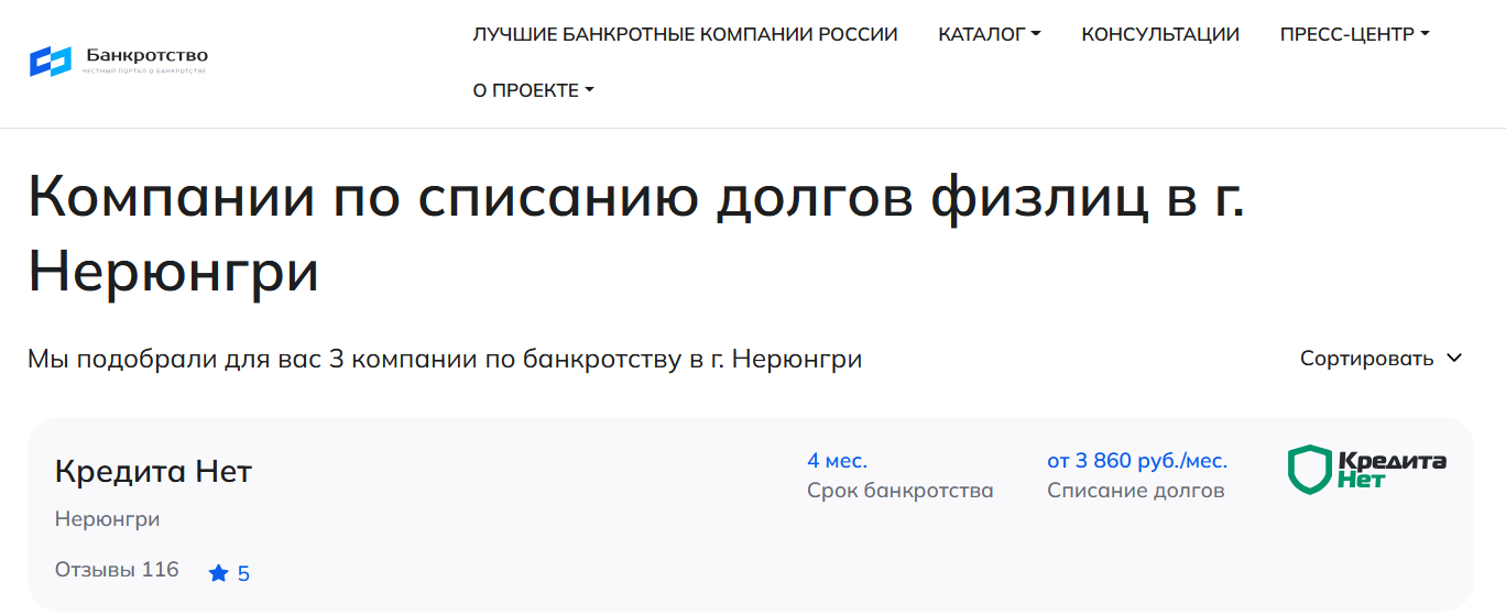 КредитаНет – первые в рейтинге компаний по банкротству в Нерюнгри на сайте Банкротство Инфо